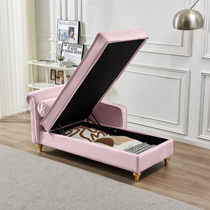 60.6''Velvet Chaise Lounge Indoor, Modern Velvet Lounge Chair with Left Armrest & Lumbar Pillow,Button Tufted Lounge Sofa with Storage for Bedroom, Living Room and Office,Pink