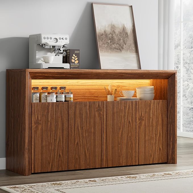 66.2" Buffet Cabinet with Storage and led Lights,Modern Sideboard Cabinet with 4 Doors & Shelves,Fluted Media Console Mid Century Coffee Bar Table for Living Room Kitchen Dining Room,Walnut