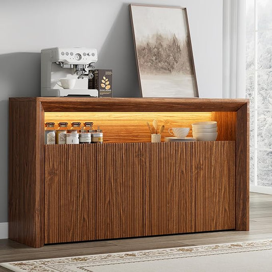 66.2" Buffet Cabinet with Storage and led Lights,Modern Sideboard Cabinet with 4 Doors & Shelves,Fluted Media Console Mid Century Coffee Bar Table for Living Room Kitchen Dining Room,Walnut