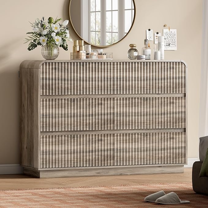 Grey Dresser Fluted 6 Drawers Dresser for Bedroom, 47" Wide Wood Chest of Drawers with Hidden Handles & Rounded Corners, Modern TV Stand Storage Cabinet for Living Room, Hallway, Entryway