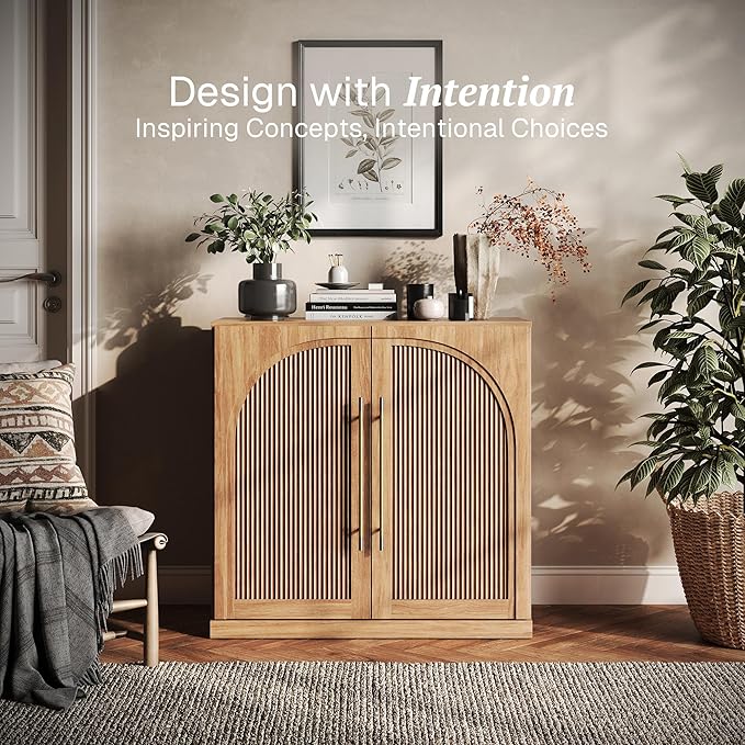 BELLEZE Modular Sideboard with Double-Arc Wood Doors, Small Arched Buffet Cabinet with Storage and Adjustable Shelves, Classic Modern Credenza for Dining Room, Living Room, or Entryway(Camel)