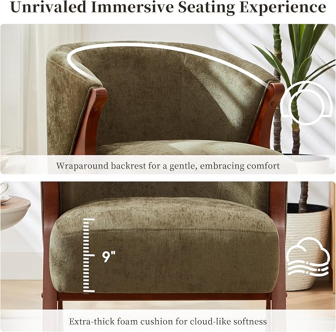 Merax Mid-Century Modern Accent Chair with Solid Wood A-Frame & Wrap-Around Backrest, High-Density Foam Cushion & Rounded Edges for Living Room, Reading Nook, Lounge Area (Green+Walnut)