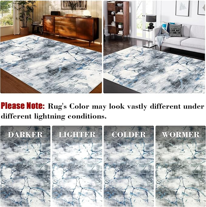 Washable Area Rugs 9x12 Living Room Rugs Soft Bedroom Large Indoor Carpet Abstract Neutral Dining Room Rug Non-Slip Stain Resistant Thin Foldable Floor Carpet for Playroom Nursery, Blue