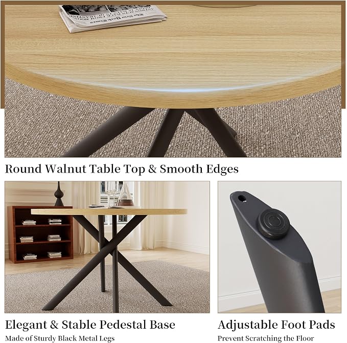 HIPIHOM 45.3 Inch Round Dining Table Set for 4, Mid Century Modern Coffee Set for Dining Room Kitchen Apartment (Cream Table + 4 Black Chairs)
