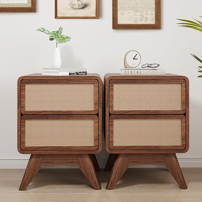 AVZEAR Mid Century Night Stand Set of 2, Wood Bedside Table Curved Round Edge Nightstands with 2 Drawers and Solid Wood Legs, End Table Side Table for Small Space, Dorm, Bedroom(Walnut)
