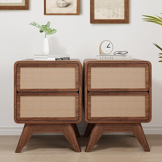 AVZEAR Mid Century Night Stand Set of 2, Wood Bedside Table Curved Round Edge Nightstands with 2 Drawers and Solid Wood Legs, End Table Side Table for Small Space, Dorm, Bedroom(Walnut)