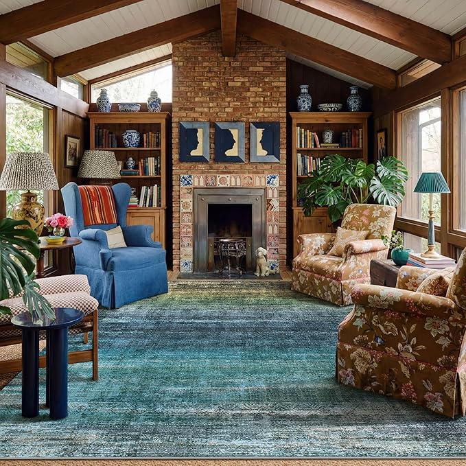 Kokia Abstract Teal Area Rugs 10x14 Bedroom Washable Decor Low Pile Non-Slip Non-Shedding Indoor Carpet Foldable Stain Resistant Floor Living Room Dining Room, Blue and Green