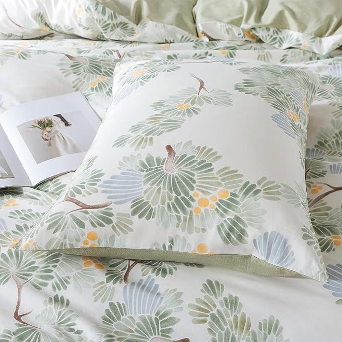 HoneiLife Duvet Dover King Size - 100% Cotton Comforter Cover Botanical Bedlinen Set with Zipper Closure & Corner Ties, 3-PC Forest Comforter Cover Sets
