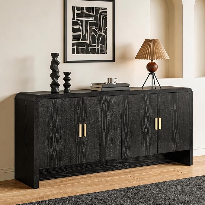 Finnhomy 68'' Sideboard Buffet Cabinet with Storage, Curved Design Credenza Storage Cabinet with 4 Doors, Console Cabinet for Kitchen, Living Room & Hallway, Black