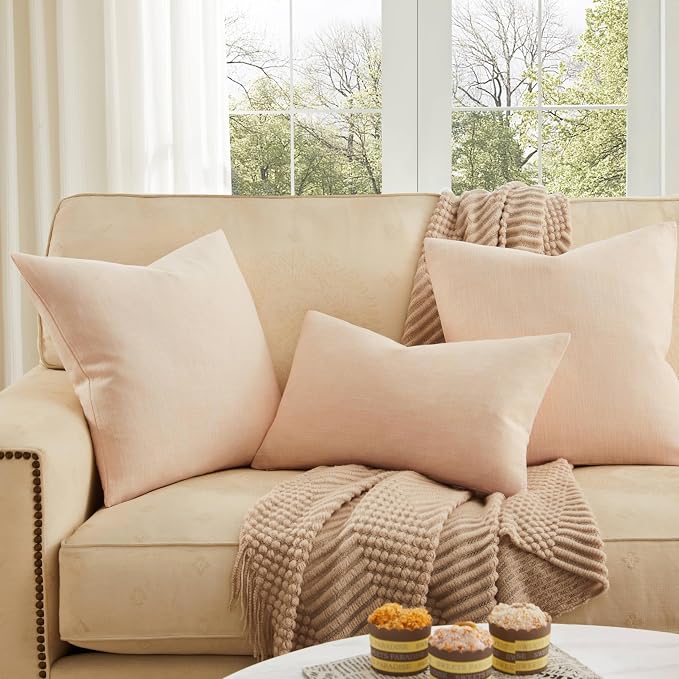 ZeeMart Rustic Cotton Linen Throw Pillow Covers Set of 2, 18x18 Inch Cream, Farmhouse Style Decorative Couch Pillow Cases Cushion Covers for Sofa Bed Living Room Home Decor
