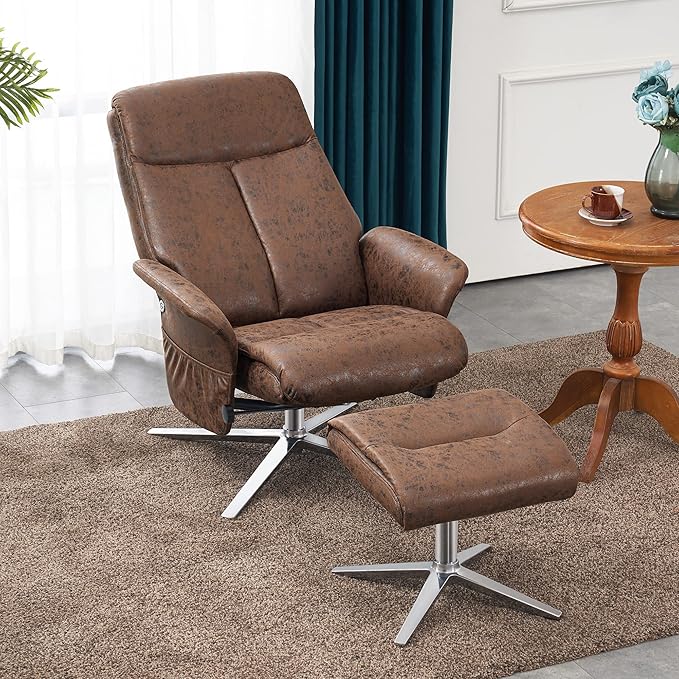 MCombo Swivel Recliner with Ottoman, Modern Heavy-Duty Aluminum Base, Faux Leather Lounge Chair for Small Space, Living Room, or Office 4603 (Brown)