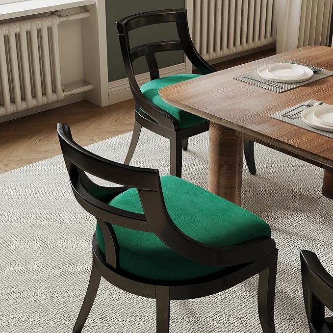 Modern Farmhouse Dining Chairs Set of 2 Mid Century Upholstered Dining Chair with Wooden Curved Back Kitchen Chairs for Dining Room Restaurant Cafe, Black-Velvet Green