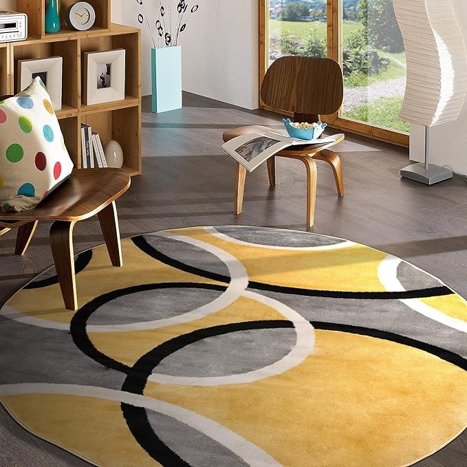 Rugshop Contemporary Abstract Circles Round Rug, Carpet with Jute Backing for Dining Room, Living Room, or Breakfast Nook, Yellow, 6'6" Round