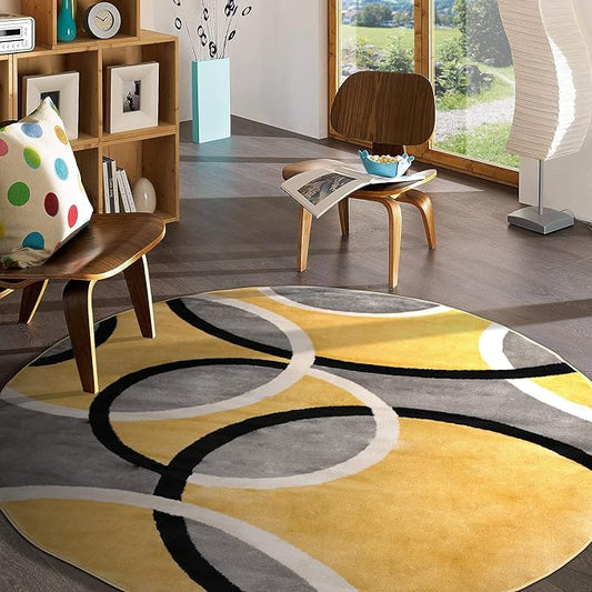 Rugshop Contemporary Abstract Circles Round Rug, Carpet with Jute Backing for Dining Room, Living Room, or Breakfast Nook, Yellow, 6'6" Round