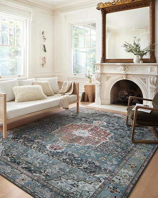 Loloi Margot Collection MAT-05 Ocean/Brick 2'-6" x 9'-6" Runner Rug feat. CloudPile, No-Shed Easy Clean Large Patterned Area Rug for Living Room, Bedroom, Dining Area
