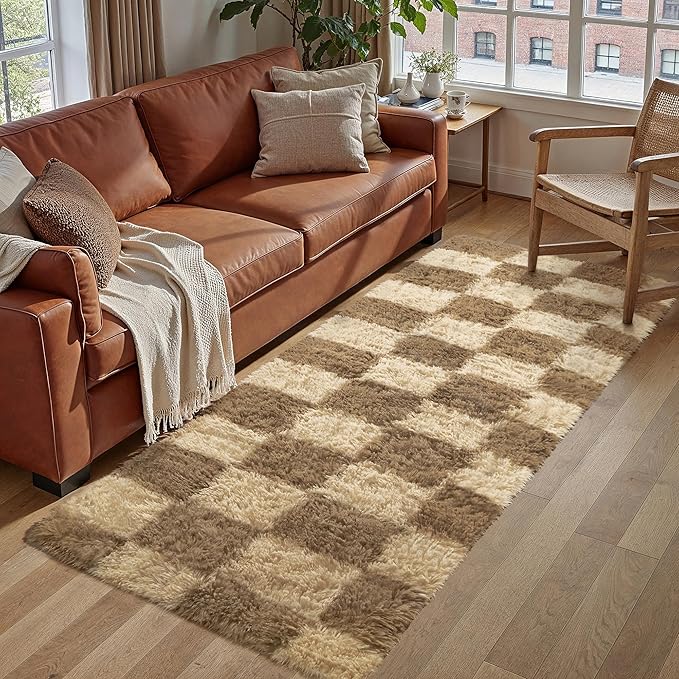 Checkered Area Rug 2x6 for Bedroom, Brown Modern Shag Rug Super Soft Runner Carpet Washable Fluffy Rugs for Living Room Bedside Sofa Home Dorm Decor Aesthetic