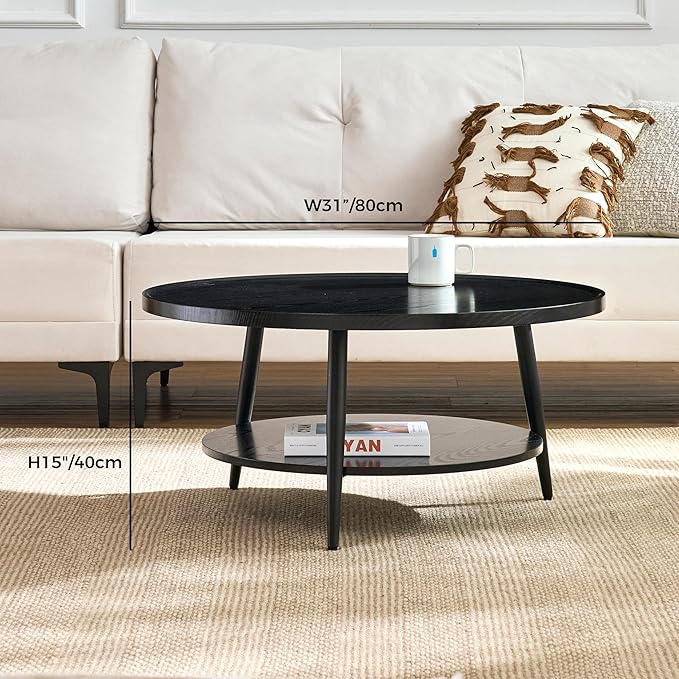 Saint Mossi Black Wood Coffee Table for Living Room, Mid Century Modern Round Coffee Table, 2-Tier Center Table for Small Space, Black, W31xH15
