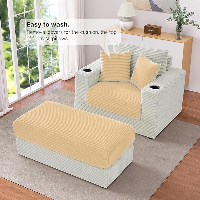 Oversized Chaise Lounge Chair Indoor with USB, Cup Holder & Ottoman, Firm Solid Wood Frame with Long Service Life Corduroy Oversized Lounge Reading Chair for Study Room - Beige White