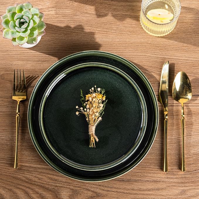 GBHOME Ceramic Dinnerware Sets for 8, 24 Pieces Stoneware Plates and Bowls Sets, Reactive Glaze Dishes -Scratch Resistant, Dishwasher&Microwave Safe, Earth Green