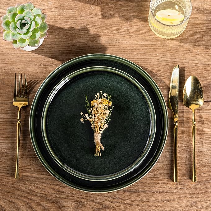 GBHOME Ceramic Dinnerware Sets for 6, 18 Pieces Stoneware Plates and Bowls Sets, Reactive Glaze Dishes -Scratch Resistant, Dishwasher&Microwave Safe, Earth Green