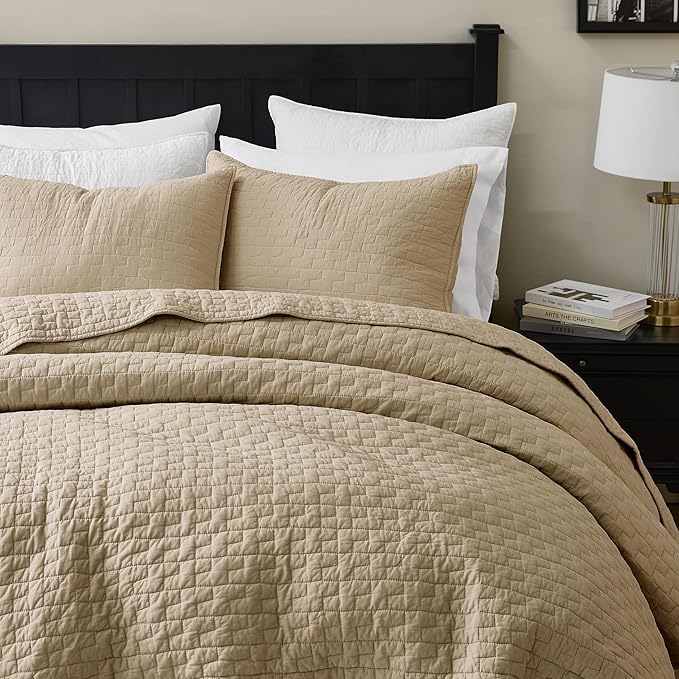 palassio Dark Beige 100% Cotton Quilt Queen Size Bedding Sets with 2 Pillow Shams, Textured Lightweight Soft Bedspread Shabby Chic Coverlet, Quilted Comforter Bed Cover for All Season, 3 Pieces