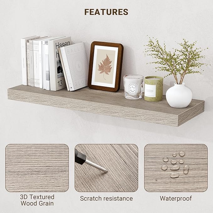 36 Inch Floating Shelves, 3D Textured Wood Grain, 36"x9.25"x1.5" Inch Deep Floating Shelves for Wall, Wooden Shelves for Bathroom, Bedroom, Living Room, Vintage Gray Oak, 2 Pieces