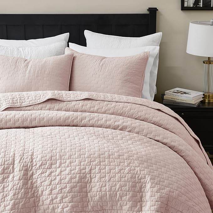 palassio Pink 100% Cotton Quilt Queen Size Bedding Sets with 2 Pillow Shams, Textured Lightweight Soft Bedspread Shabby Chic Coverlet, Quilted Comforter Bed Cover for All Season, 3 Pieces