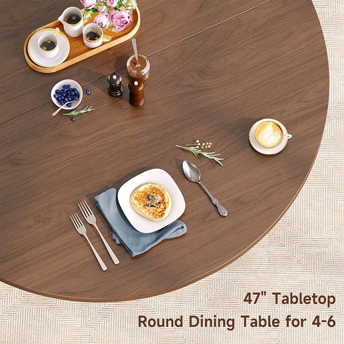 Round Dining Table for 4-6 Seats, 47" Circle Kitchen Table with Storage Drawer, Modern Mid-Century Pedestal Dinner Tables, Fluted Wood Base, Space Saving Dining Room Furniture for Family Party, Walnut