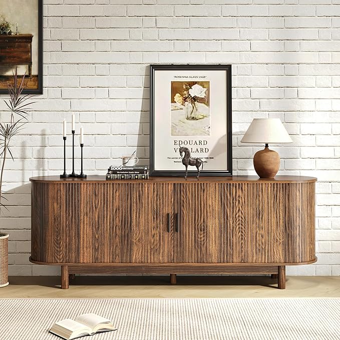 70 Inch Modern Fireplace TV Stand for TVs up to 80 inches, Mid Century TV Console with Solid Wood Legs, Sliding Doors & Curved Design,Media Console for Living Room, Brown