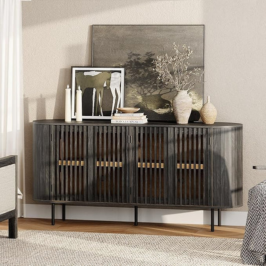 WAMPAT Sideboard Buffet Cabinet with 4 Fluted Doors, 64" Wood Accent Storage Cabinet with Curved Design, Mid-Centery Modern Credenza for Dining Room, Kitchen, Hallway, Black