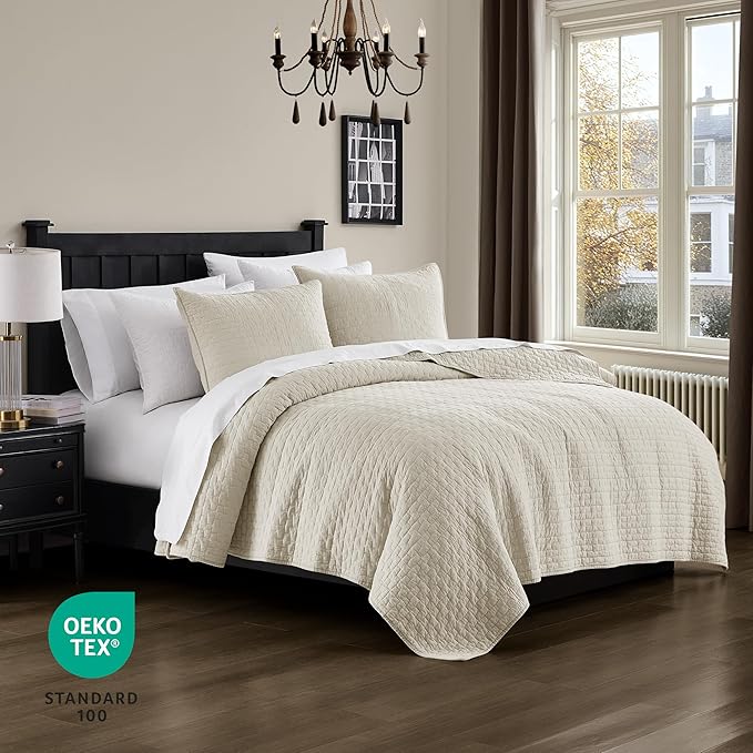 palassio Beige 100% Cotton Quilt Twin Size Bedding Sets with 1 Pillow Sham, Textured Lightweight Soft Bedspread Shabby Chic Coverlet, Neutral Quilted Comforter Bed Cover for All Season, 2 Pieces