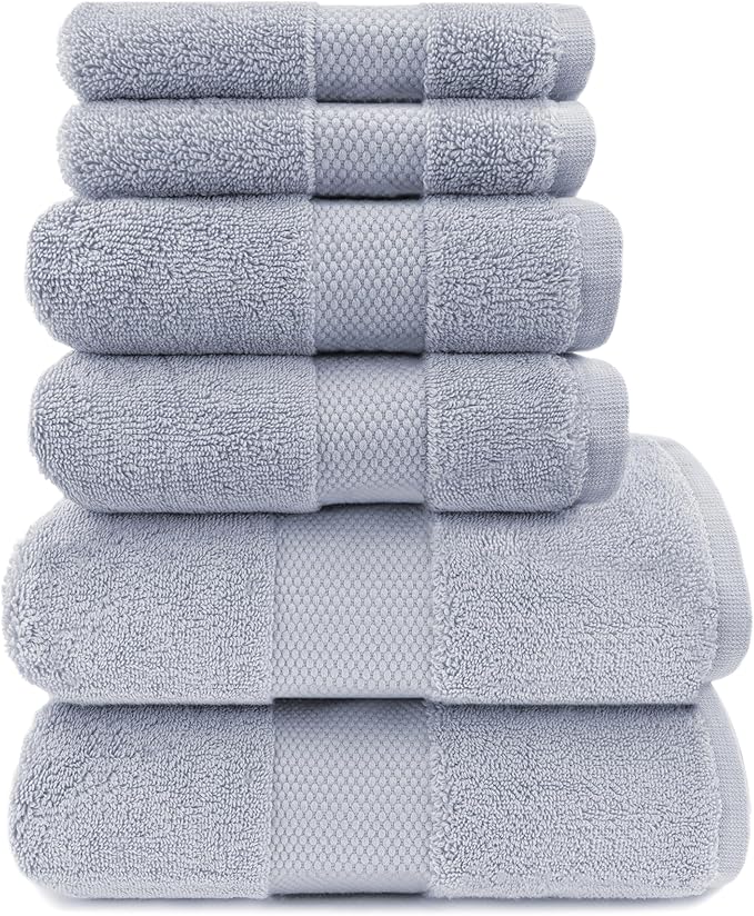 Maisonette Elegance 100% Organic Cotton Turkish Bathroom Towels Set, Soft & Absorbent, Ideal Quick Dry Large Luxury Bath Sheets, Hand Towels & Washcloths for Shower (6 Pack) - Light Gray (Shore)