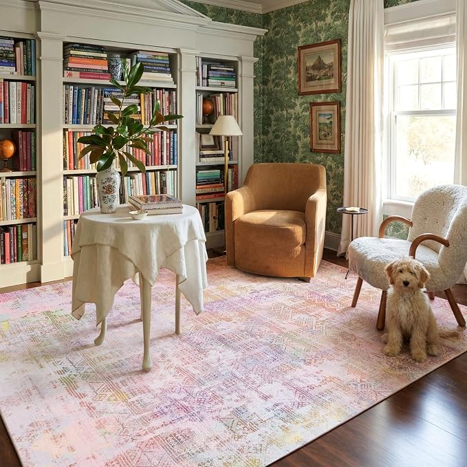 Kokia Abstract Area Rugs Living Room Washable Low Pile 4x6 Non-Slip Indoor Decor Pink Orange Carpet Foldable Stain Resistant Ombre Rugs Bedroom Dining Room, Oslo Liora
