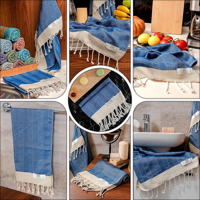 Hand Towels - Set of 2 | 18" x 30" - Decorative Turkish Hand Towel for Bathroom, Kitchen, Guest, Face, Hair, Tea, Dishcloth (Herringbone, Oil Blue)