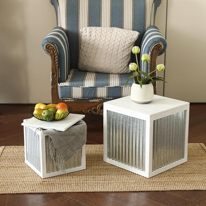 COLLECTIVE HOME - Wood Storage Ottoman, Rustic Stool, 2 Pack Cube Seat Foot Rest, Accent Side Table, Metal Bin for Living Room Furniture, 16"/12" (White, Corrugated Iron)
