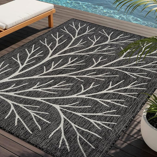 Washable Indoor Outdoor Rug 6x9 Modern Area Rugs Branch Pattern Non Shedding Waterproof Easy Clean Patio Deck Porch Living Room Bedroom Garden RV (6 X 9 Dark Gray)
