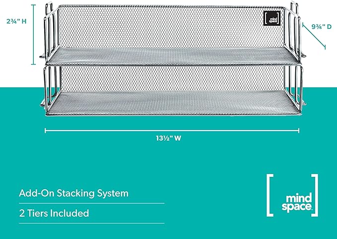 Mindspace 2 Tier Stackable Letter Tray | Paper Tray Desk Organizer | The Mesh Collection, Silver