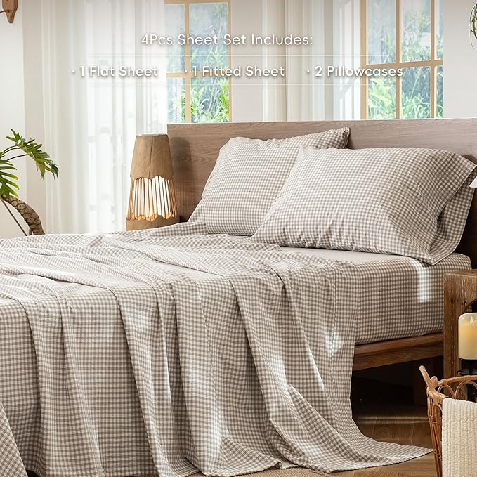 MooMee Gingham Sheet Set 100% Washed Cotton Linen Like Textured Breathable Soft w/Fully Elasticized 16-19" Deep Pocket (Mini Gingham Tannish Linen Grey, Queen)