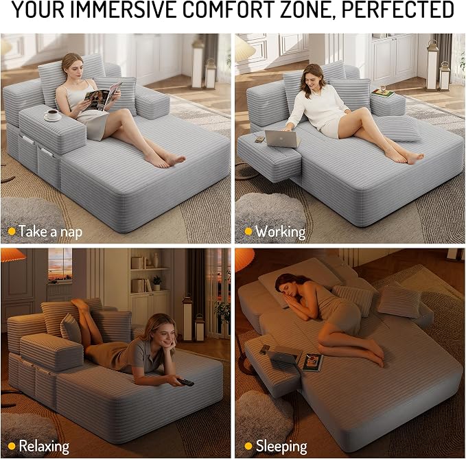 48.5" Oversized Chaise Lounge Chair Indoor, 3-in-1 Convertible Sleeper Sofa Bed, Plush Corduroy Boneless Chaise with 3 Pillows & Side Pockets, Adjustable Back/Armrest for Living Room - Light Grey