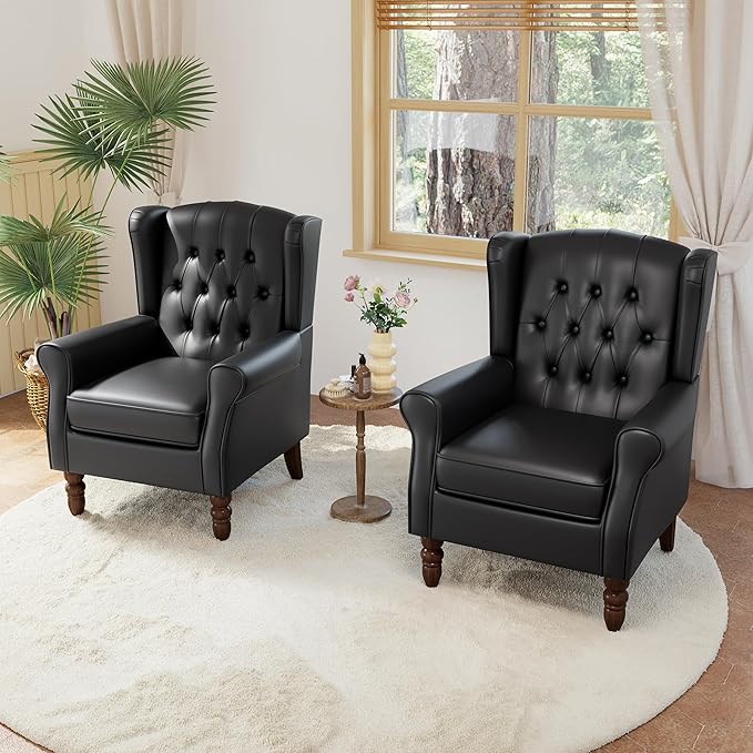 Faux Leather Accent Chairs Set of 2, High Back Upholstered Chair with Button Tufted, Mid-Century Modern Comfy Wingback Chair Reading Armchair for Living Room for Bedroom, Office-P Black