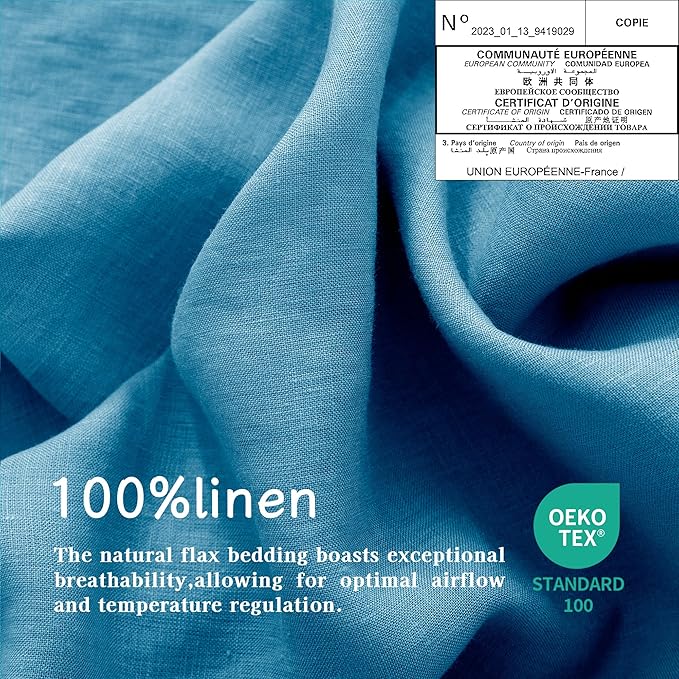 EVERLY Linen Queen Sheets Set, 100% Stonewashed French Linen Bed Sheets Deep Pocket Sheets, 4 Pieces (1 Flat Sheet, 1 Fitted Sheet, 2 Pillowcases) Natural Flax Bedding Set-Blue