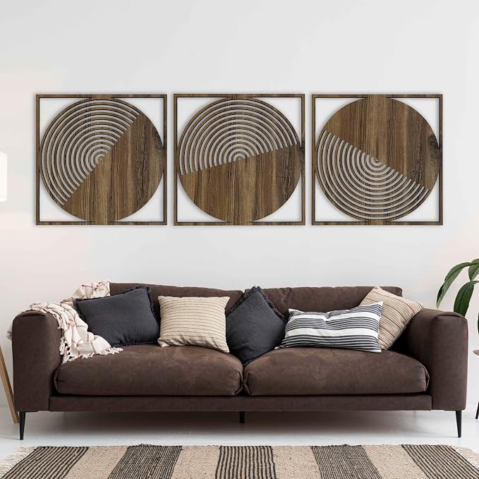 Round Wood Wall Art Set of 3, Modern Geometric Wooden Wall Art, Clean Aesthetic Wall Accent for Boho Living Room, Natural Wood Tones