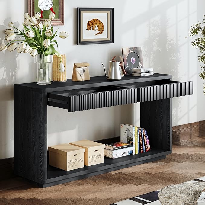 Wood Console Table, 59.8" Retro Long Sofa Table Behind Couch with 2 Fluted Drawers, Farmhouse Wooden Narrow Sofa Table Hall Table for Living Room Foyer Entrance Entryway, Black