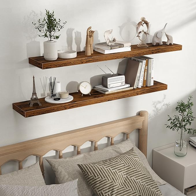 Fun Memories Floating Shelves for Wall, Rustic Wood Wall Mounted Shelves for Bathroom, Bedroom, Living Room and Kitchen, Storage & Home Decor (Set of 2, Brown, 48 in)