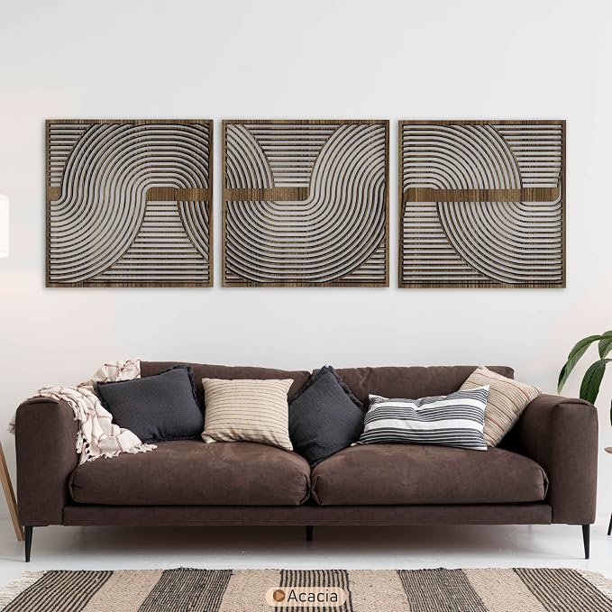 3 Piece Wood Wall Art featuring Boho Curve Lines, Abstract Geometric Statement Wooden Wall Panels, Mid Century Modern New House Gift for Living Room and Bedroom