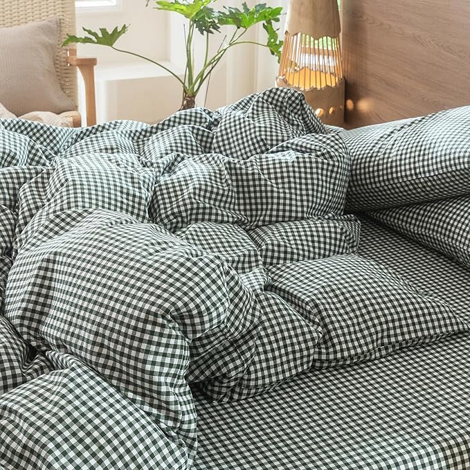 MooMee Gingham Duvet Cover Set 100% Washed Cotton Linen Like Textured Breathable Durable Soft Comfy Modern Checkered Design (Mini Gingham Forest Green, Twin 68"x90")