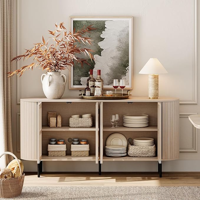 WAMPAT Sideboard Buffet Cabinet with 4 Fluted Doors, 64" Wood Accent Storage Cabinet with Curved Design, Mid-Centery Modern Credenza for Dining Room, Kitchen, Hallway, Natural
