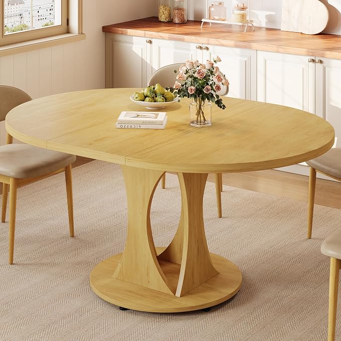 Einhomn 59" Extendable Round Dining Table for 6-8, Kitchen Table with Sturdy Double Arc Base & Backboard Clasp Desktop, Mid-Century Modern Dinner Table, Kitchen Dining Room, Space Saving, Natrual