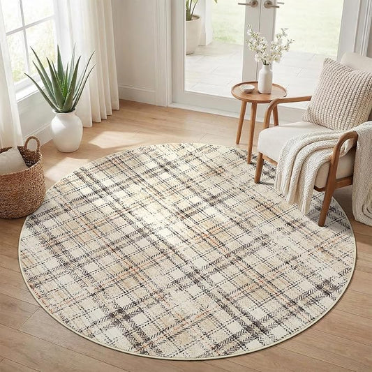 Tartan Plaid Washable Round Rugs, Non-Slip Soft Round Rug 4ft Ultra-Thin, Small Boho Circle Stain Resistant Low Pile Carpet for Entryway Kitchen Bedroom Nursery Bathroom, Beige