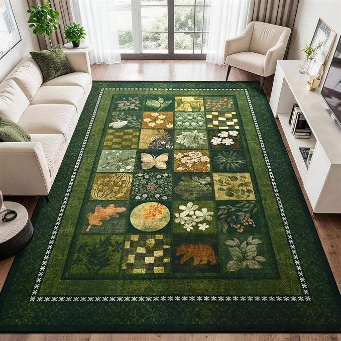 Tepook 6x9 Area Rugs for Living Room, Modern Large Geometric Rug for Bedroom, Washable Patchwork Rug Indoor Non Slip Throw Carpets for Dining Room Office Farmhouse Home Decor, Dark Green